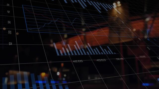 Animation of multiple graphs with changing numbers and grid pattern over bridge in background