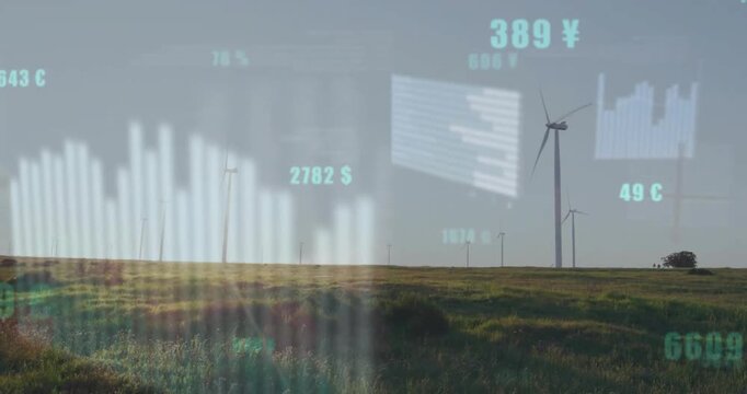 Animation of data processing and diagrams over wind turbines on field
