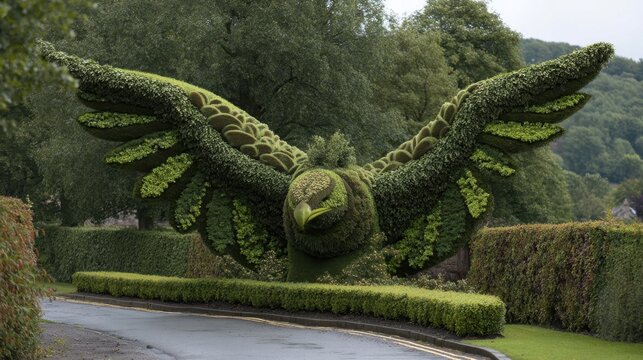 Grand green topiary sculpture of bird with outstretched wings in park