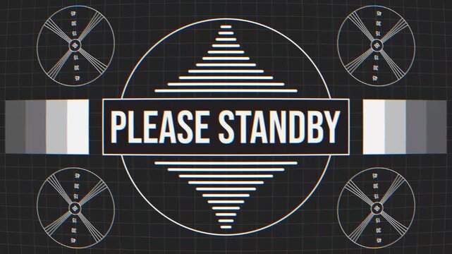 Retro TV test pattern please stand by screen suitable for showcasing broadcast standby or vintage television interruptions in presentations, videos, or graphics related to media and technology