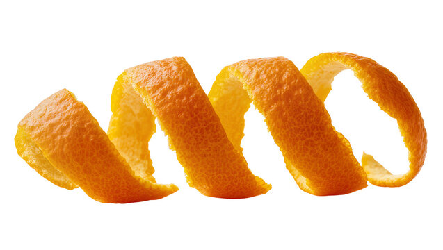 Vibrant orange peel twisted into a decorative spiral, fresh citrus zest isolated on a clean backdrop, perfect for culinary and beverage design elements