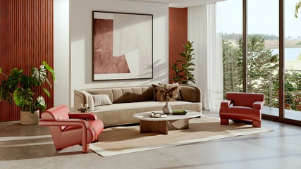 Fototapeta premium Large luxury modern bright interiors Living room mockup illustration 3D rendering Generated Color Image