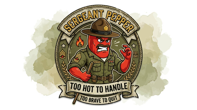 Funny Sergeant Pepper Chili Character Badge Illustration - "Too Hot to Handle, Too Brave to Quit" Humorous Military Drill Instructor Graphic