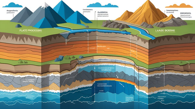 A vector illustration depicting different types of plate boundaries, including divergent, convergent, and transform boundaries, showcasing geological processes and landforms.