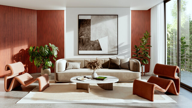 Large luxury modern bright interiors Living room mockup illustration 3D rendering Generated Color Image