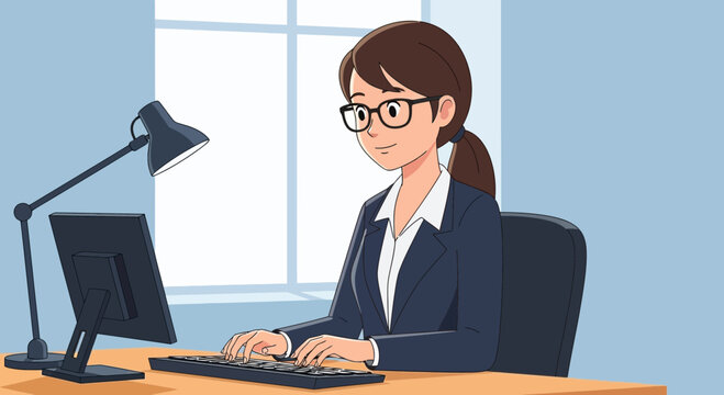 Young Woman Working on Computer in Office Setting.