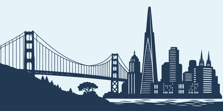San Francisco skyline vector silhouette featuring Golden Gate Bridge, Transamerica Pyramid, Salesforce Tower