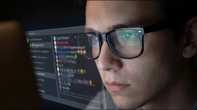 Closeup of human eyes social media concept. Young man wearing glasses focused on computer screen with online gaming chat messages at night