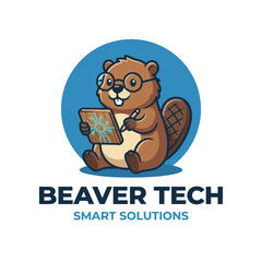 A whimsical logo portraying a beaver with glasses, holding a tablet, representing innovation and cleverness in technology solutions, aimed at a fun and creative audience. © xiangqian qi