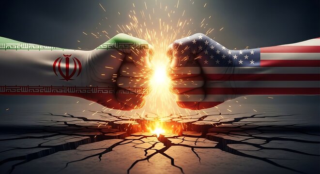 iran vs usa. symbolic clash between iran and united states with explosive conflict concept.