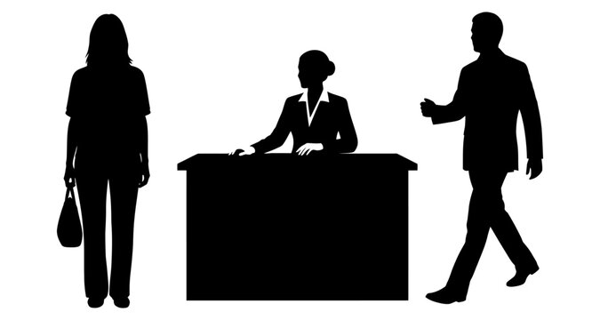 People Silhouettes at Reception Desk Customer Service Business Interaction Stock Graphic