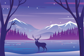 Majestic stag stands silhouetted against a snowy mountain landscape © MAYENUDDIN