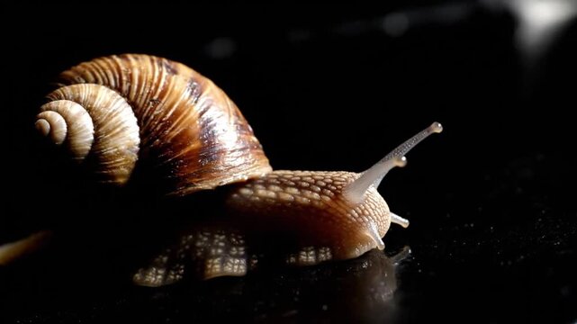 Macro Shot of a Snail Crawling on a Black Background