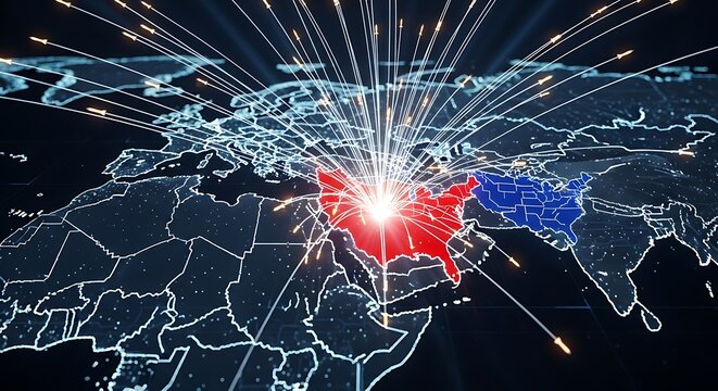 global data network explosion centered in middle east with worldwide connections map.