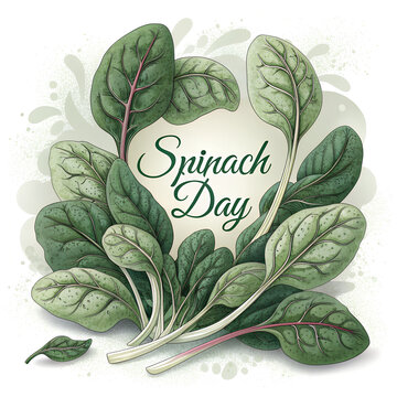 Spinach day lettering surrounded by fresh green leafy spinach plants