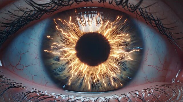 Closeup of human eyes social media concept. Close up of human eye with electric blue lightning effects and detailed iris patterns