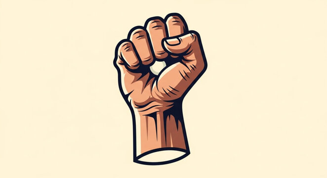 Raised fist symbol of solidarity and resistance, hand gesture of power.