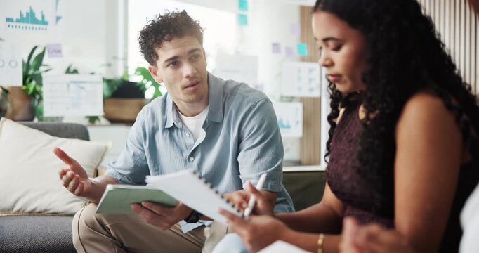 Creative people, meeting and discussion with tablet for project ideas, collaboration or strategy. Group, employees or colleagues talking with documents or technology for proposal or brainstorming