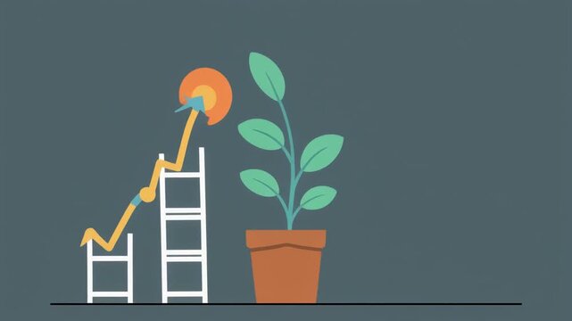 Colorful illustration of growing plant with ladder and graph