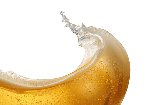 Golden beer liquid splashing with frothy foam and clear water droplets, refreshing beverage wave on transparent background