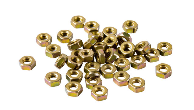 A pile of golden hexagonal metal nuts, precisely engineered fasteners for mechanical assembly, isolated PNG on transparent background