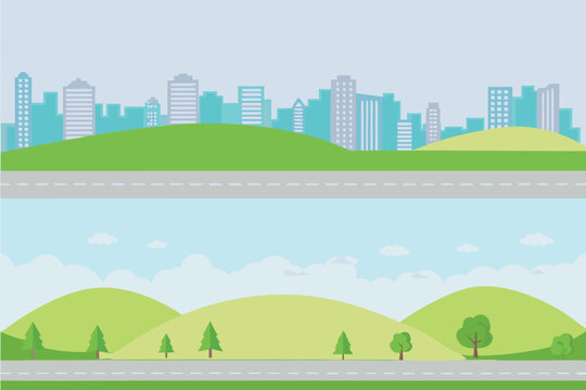 Stylized city landscape with green hills and a roadway below