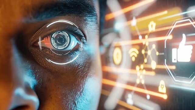 Closeup of human eyes social media concept. Close up of futuristic cyber eye with digital interface technology and social media icons in modern innovation concept