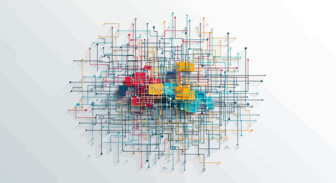 Abstract illustration depicting a network of interconnected pathways with color blocks