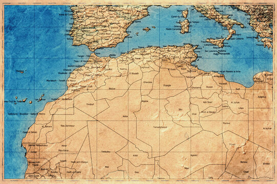 Vintage Map Of Algeria With Administrative Regions On Retro Paper Background