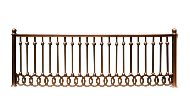Elegant bronze metal railing section, isolated architectural balustrade with curved top and decorative circular patterns, high-quality PNG