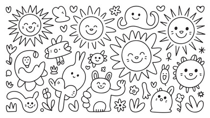 Fototapeta premium Cartoon Sun Symbols And Cute Animal Characters For Kids Coloring Book Pages Isolated on White