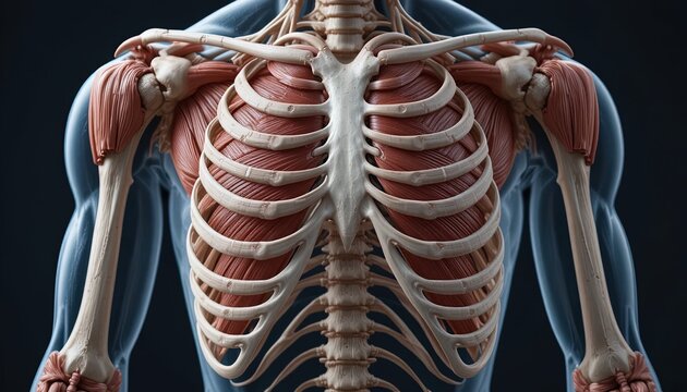 3D Human Rib Cage and Shoulder Skeleton Anatomy Medical Illustration Isolated on Black Background