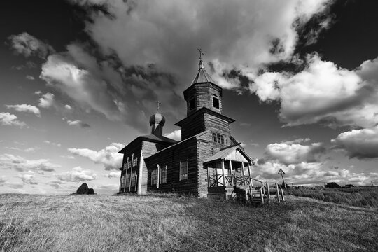 wooden church, landscape wooden architecture of the Russian north, Orthodox architecture Arkhangelsk region
