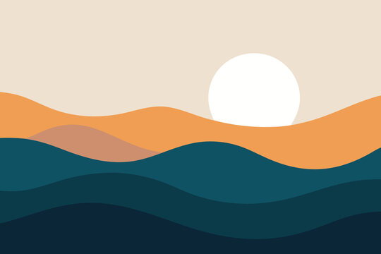 Abstract landscape with rolling hills and a setting sun