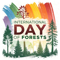 Fototapeta premium International day of forests poster with rainbow and pine tree woods