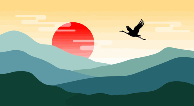 Silhouette of a crane flying over misty mountains at sunrise.