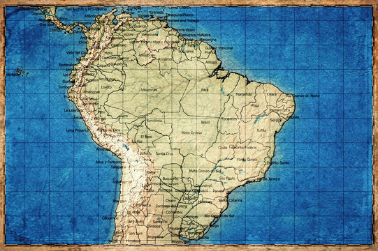 Vintage Map Of Brazil With State Boundaries On Retro Paper Background
