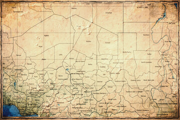 Fototapeta premium Vintage Map Of Chad With Regional Boundaries On Retro Paper Background