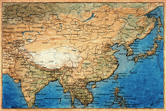 Vintage Map Of China With Provincial Boundaries On Retro Paper Background