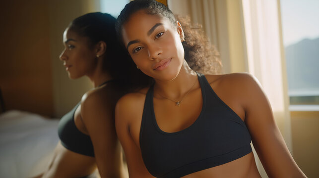 Split mirror reflection showing same person in different clothing sizes, bedroom setting with natural window light, confident posture in both reflections, perfect for body transformation