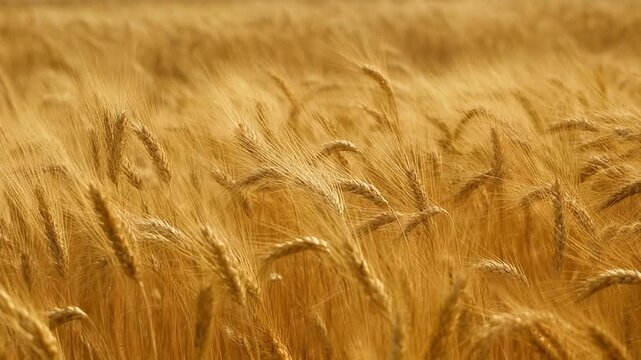 Golden wheat field landscape with ripe ears close-up