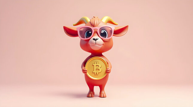 A cute, 3D-style orange goat wearing pink glasses holds a gold Bitcoin coin. This playful, high-quality character illustration set against a soft pink background represents crypto humor and finance