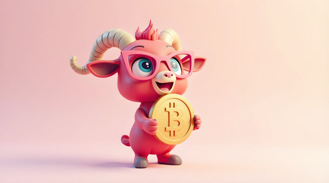 A cute, 3D-style orange goat wearing pink glasses holds a gold Bitcoin coin. This playful, high-quality character illustration set against a soft pink background represents crypto humor and finance