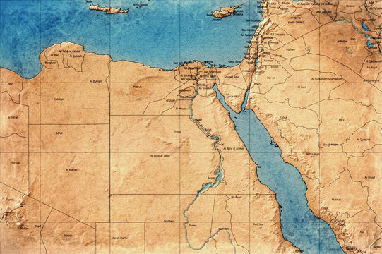 Vintage Map Of Egypt With Governorate Boundaries On Retro Paper Background