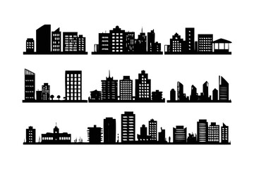 Fototapeta premium Black silhouettes of various city skylines and urban buildings arranged in three distinct rows on a white background.