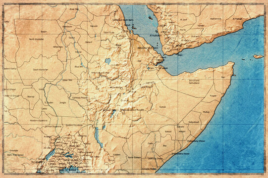 Vintage Map Of Ethiopia With Regional Boundaries On Retro Paper Background