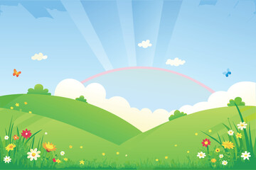 Fototapeta premium A vibrant cartoon landscape with rolling green hills and a rainbow