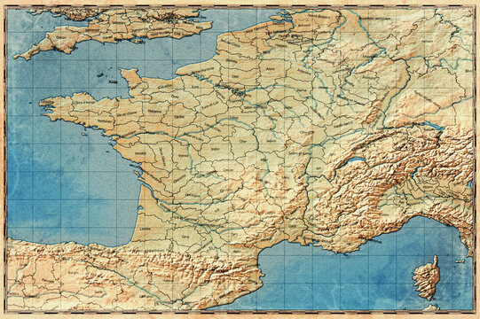 Vintage Map Of France With Regions On Retro Paper Background