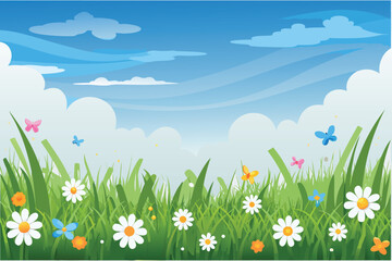 Naklejka premium A vibrant summer meadow with flowers butterflies and blue skies