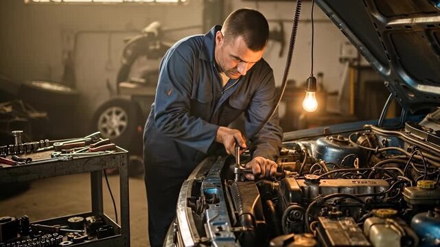 Mechanic working on car engine repair.